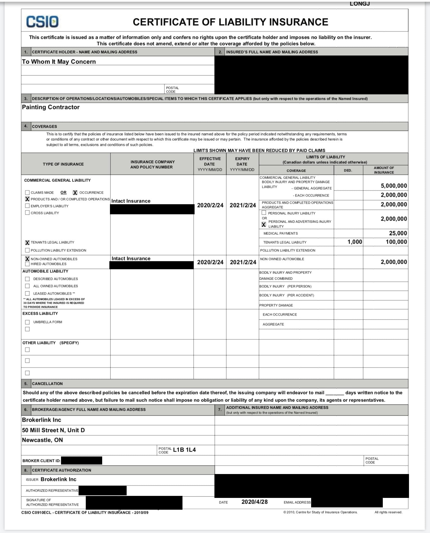 liability insurance Example